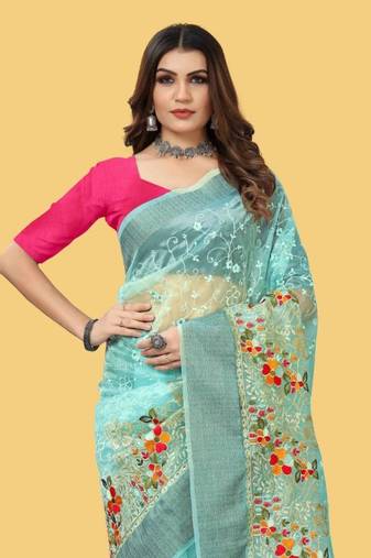 Sky Blue Color Embroidered Organza Silk Saree