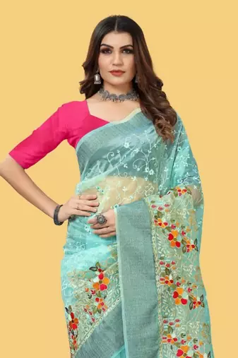 Sky Blue Color Embroidered Organza Silk Saree