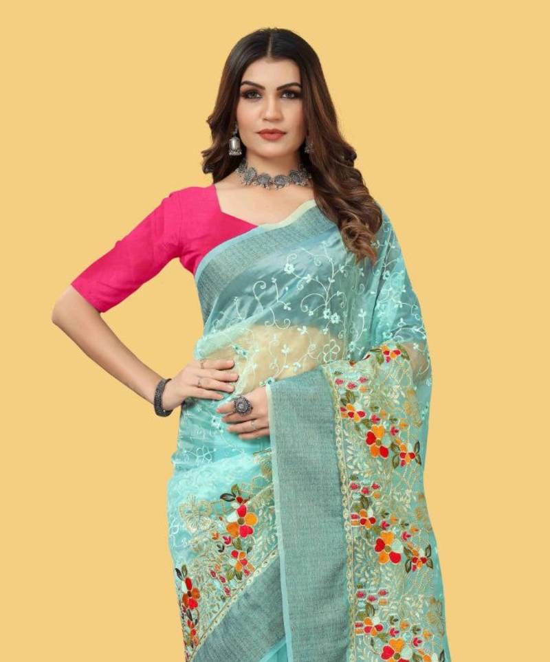 Sky Blue Color Embroidered Organza Silk Saree