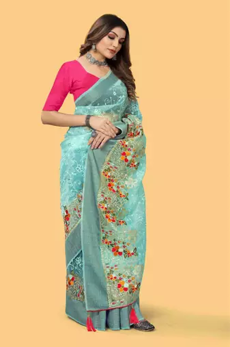 Sky Blue Color Embroidered Organza Silk Saree