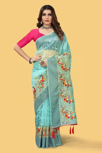 Sky Blue Color Embroidered Organza Silk Saree