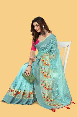 Sky Blue Color Embroidered Organza Silk Saree 4