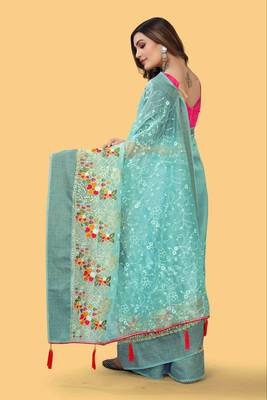 Sky Blue Color Embroidered Organza Silk Saree 5