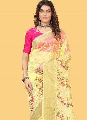 Yellow Color Embroidered Organza Silk Saree 1