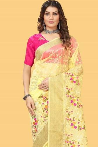 Yellow Color Embroidered Organza Silk Saree