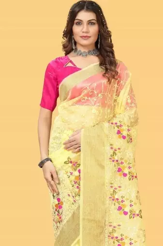 Yellow Color Embroidered Organza Silk Saree