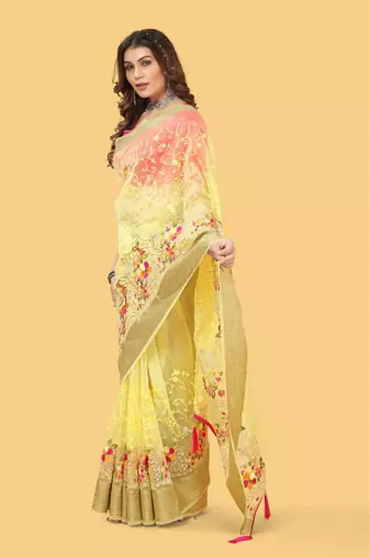 Yellow Color Embroidered Organza Silk Saree