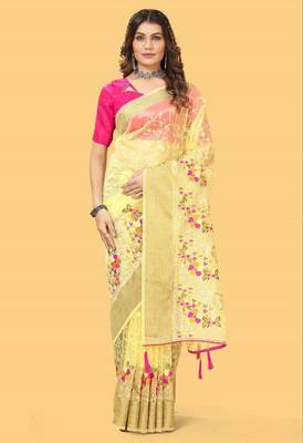 Yellow Color Embroidered Organza Silk Saree 3