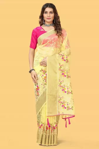 Yellow Color Embroidered Organza Silk Saree