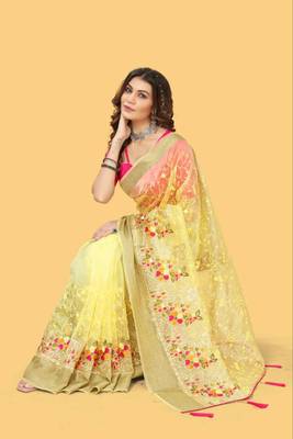 Yellow Color Embroidered Organza Silk Saree 4