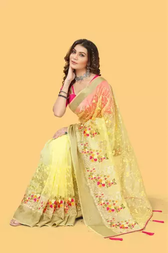 Yellow Color Embroidered Organza Silk Saree