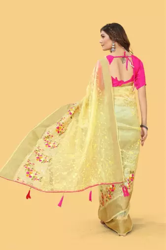 Yellow Color Embroidered Organza Silk Saree