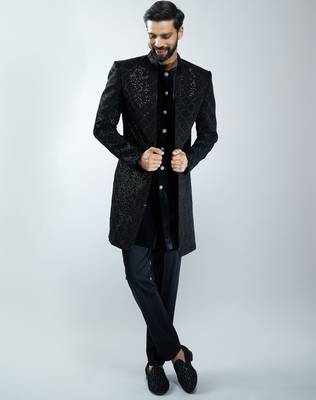 men black velvet embroidered indo-western kurta set with black cotton lycra pant  wedding & festive wear 1