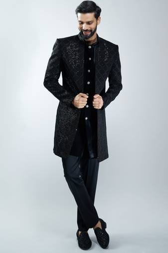 men black velvet embroidered indo-western kurta set with black cotton lycra pant  wedding & festive wear