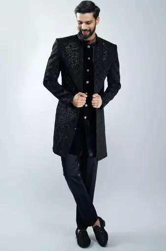 men black velvet embroidered indo-western kurta set with black cotton lycra pant  wedding & festive wear