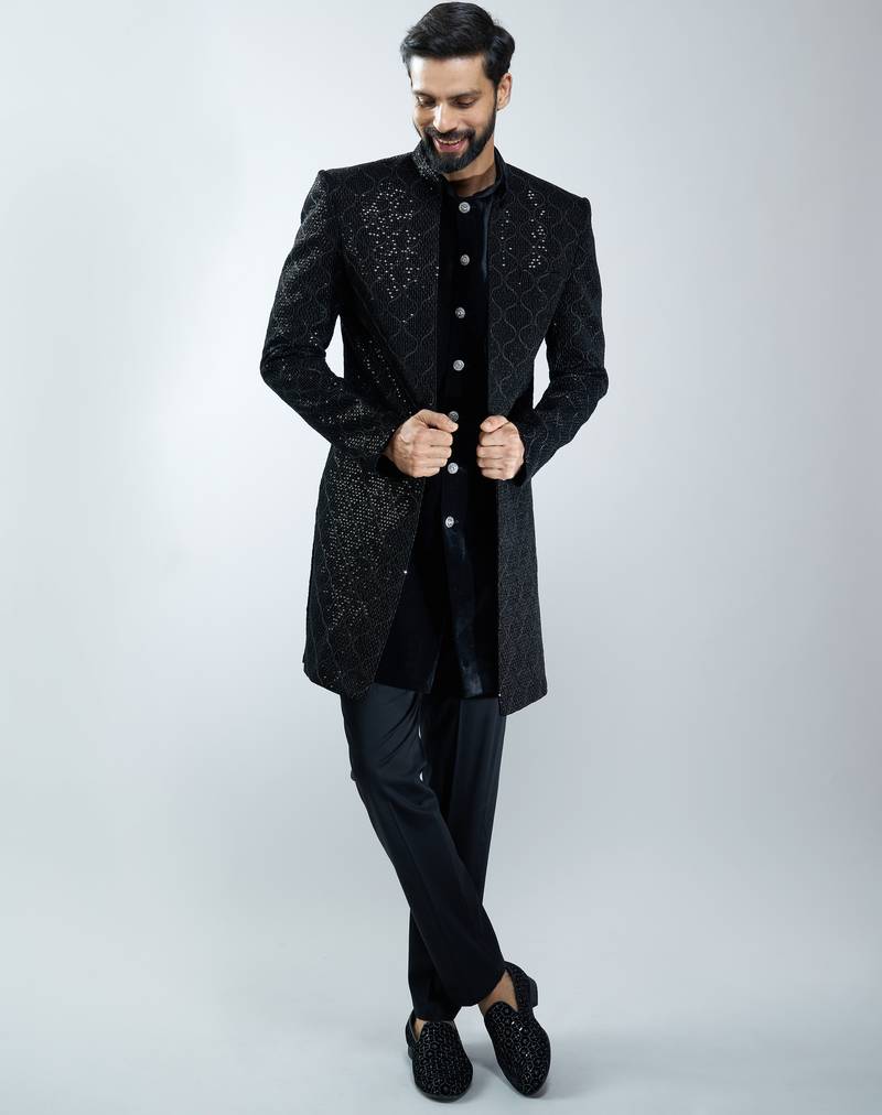 men black velvet embroidered indo-western kurta set with black cotton lycra pant  wedding & festive wear