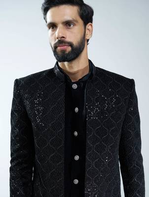 men black velvet embroidered indo-western kurta set with black cotton lycra pant  wedding & festive wear 2