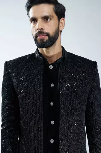 men black velvet embroidered indo-western kurta set with black cotton lycra pant  wedding & festive wear