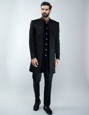 men black velvet embroidered indo-western kurta set with black cotton lycra pant  wedding & festive wear 3