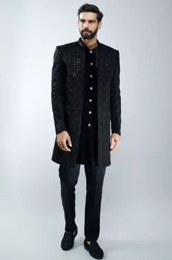 men black velvet embroidered indo-western kurta set with black cotton lycra pant  wedding & festive wear