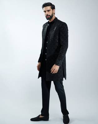 men black velvet embroidered indo-western kurta set with black cotton lycra pant  wedding & festive wear 4