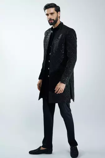 men black velvet embroidered indo-western kurta set with black cotton lycra pant  wedding & festive wear