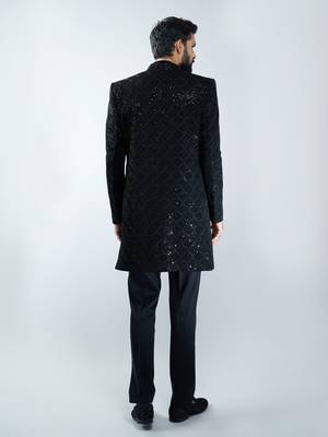 men black velvet embroidered indo-western kurta set with black cotton lycra pant  wedding & festive wear 5