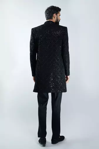 men black velvet embroidered indo-western kurta set with black cotton lycra pant  wedding & festive wear