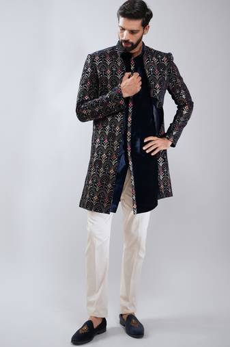 men navy blue velvet embroidered indo-western kurta set with cream cotton lycra pant  wedding & festive wear