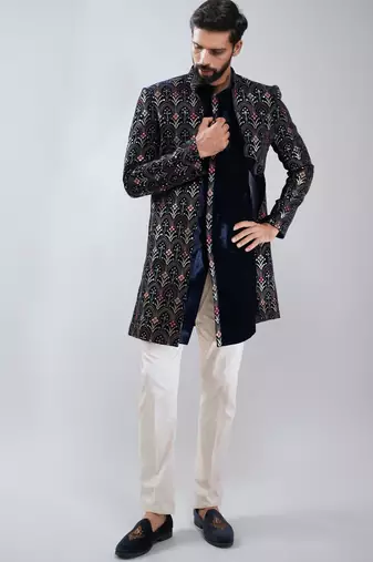 men navy blue velvet embroidered indo-western kurta set with cream cotton lycra pant  wedding & festive wear