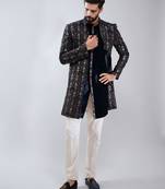 men navy blue velvet embroidered indo-western kurta set with cream cotton lycra pant  wedding & festive wear