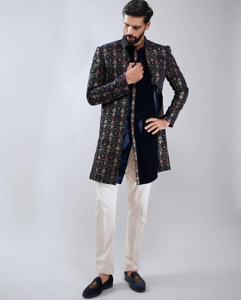 men navy blue velvet embroidered indo-western kurta set with cream cotton lycra pant  wedding & festive wear