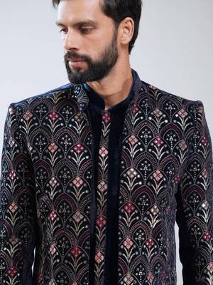 men navy blue velvet embroidered indo-western kurta set with cream cotton lycra pant  wedding & festive wear 2