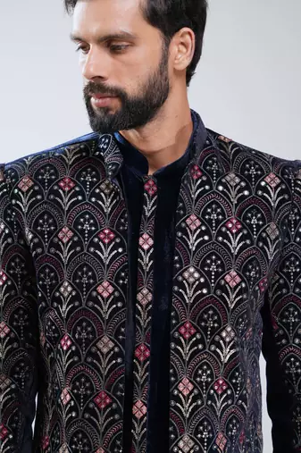 men navy blue velvet embroidered indo-western kurta set with cream cotton lycra pant  wedding & festive wear