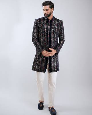 men navy blue velvet embroidered indo-western kurta set with cream cotton lycra pant  wedding & festive wear 3