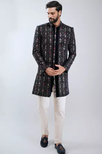 men navy blue velvet embroidered indo-western kurta set with cream cotton lycra pant  wedding & festive wear
