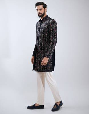 men navy blue velvet embroidered indo-western kurta set with cream cotton lycra pant  wedding & festive wear 4