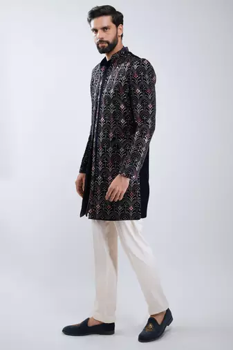 men navy blue velvet embroidered indo-western kurta set with cream cotton lycra pant  wedding & festive wear