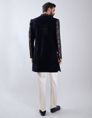 men navy blue velvet embroidered indo-western kurta set with cream cotton lycra pant  wedding & festive wear 5
