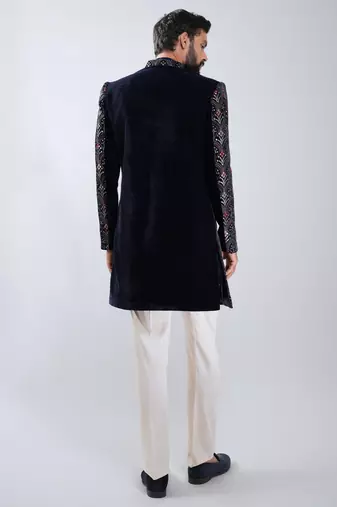 men navy blue velvet embroidered indo-western kurta set with cream cotton lycra pant  wedding & festive wear