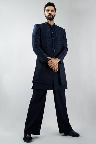 men navy blue indo-western suiting set with jacket & pants  wedding & festive wear
