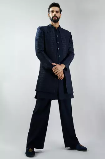 men navy blue indo-western suiting set with jacket & pants  wedding & festive wear