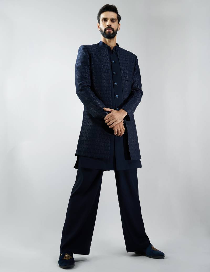 men navy blue indo-western suiting set with jacket & pants  wedding & festive wear