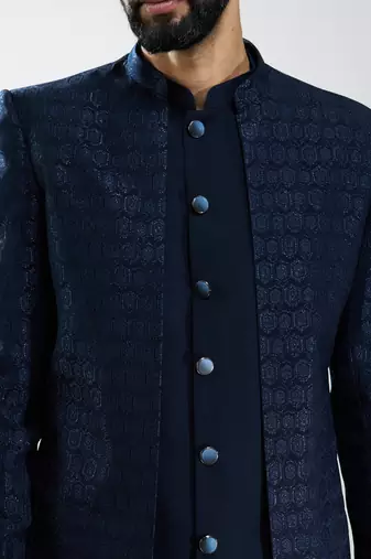 men navy blue indo-western suiting set with jacket & pants  wedding & festive wear