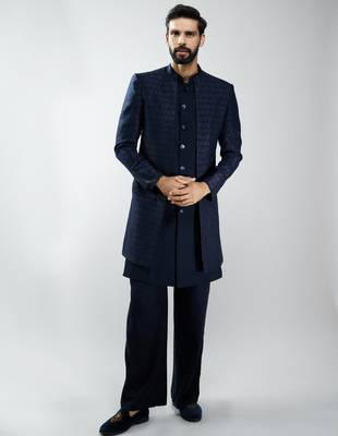 men navy blue indo-western suiting set with jacket & pants  wedding & festive wear 3