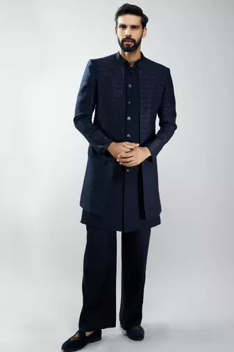 men navy blue indo-western suiting set with jacket & pants  wedding & festive wear