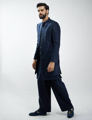 men navy blue indo-western suiting set with jacket & pants  wedding & festive wear 4