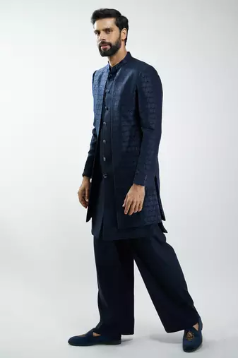 men navy blue indo-western suiting set with jacket & pants  wedding & festive wear