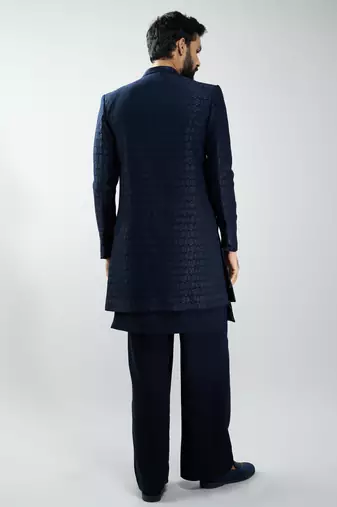 men navy blue indo-western suiting set with jacket & pants  wedding & festive wear