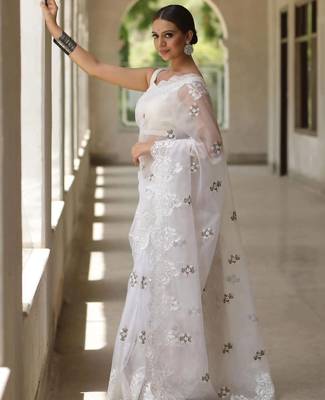 White Color Embroidered Organza Silk Saree 2